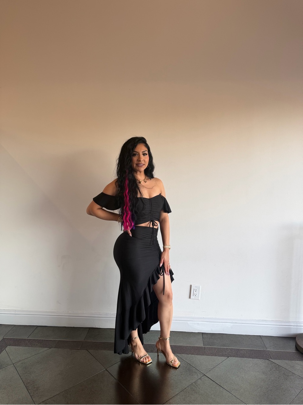 Off-Shoulder Black High-Low Ruffle Maxi Skirt Set
